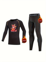2pcs Kids Compression Fleece Sets - Cartoon Year Kid Pattern Top & Pants