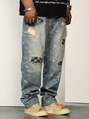 Men's Paisley Patchwork Jeans Loose Fit Casual Street Style