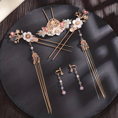 Chinese Bridal Wedding Accessories Set Floral U shaped Hairpin Earrings Set