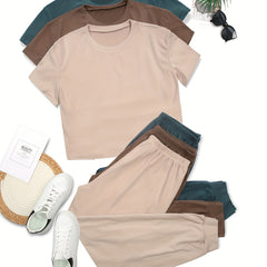 3-Piece Lounge Set Short Sleeve Crew Neck Top & Pants Women's Loungewear
