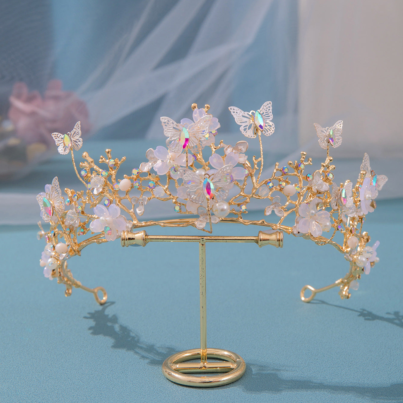 Bridal Pearl Rhinestone Crown Tiara Butterfly Floral Crown Wedding Gift