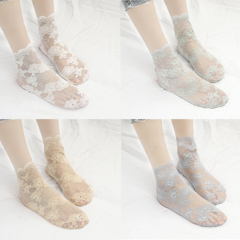 4 Pairs Lacy Floral Trim Socks Women's Stockings