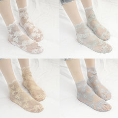 4 Pairs Lacy Floral Trim Socks Women's Stockings