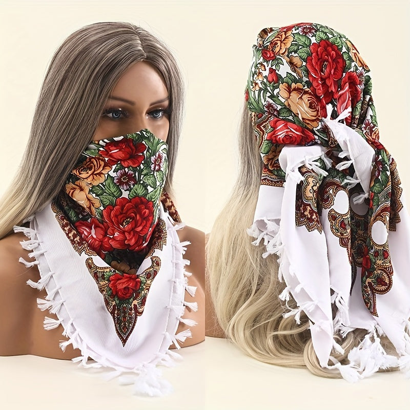 Vintage Print Square Scarf 27.5 Fringed Headband Sunscreen Warm Shawl