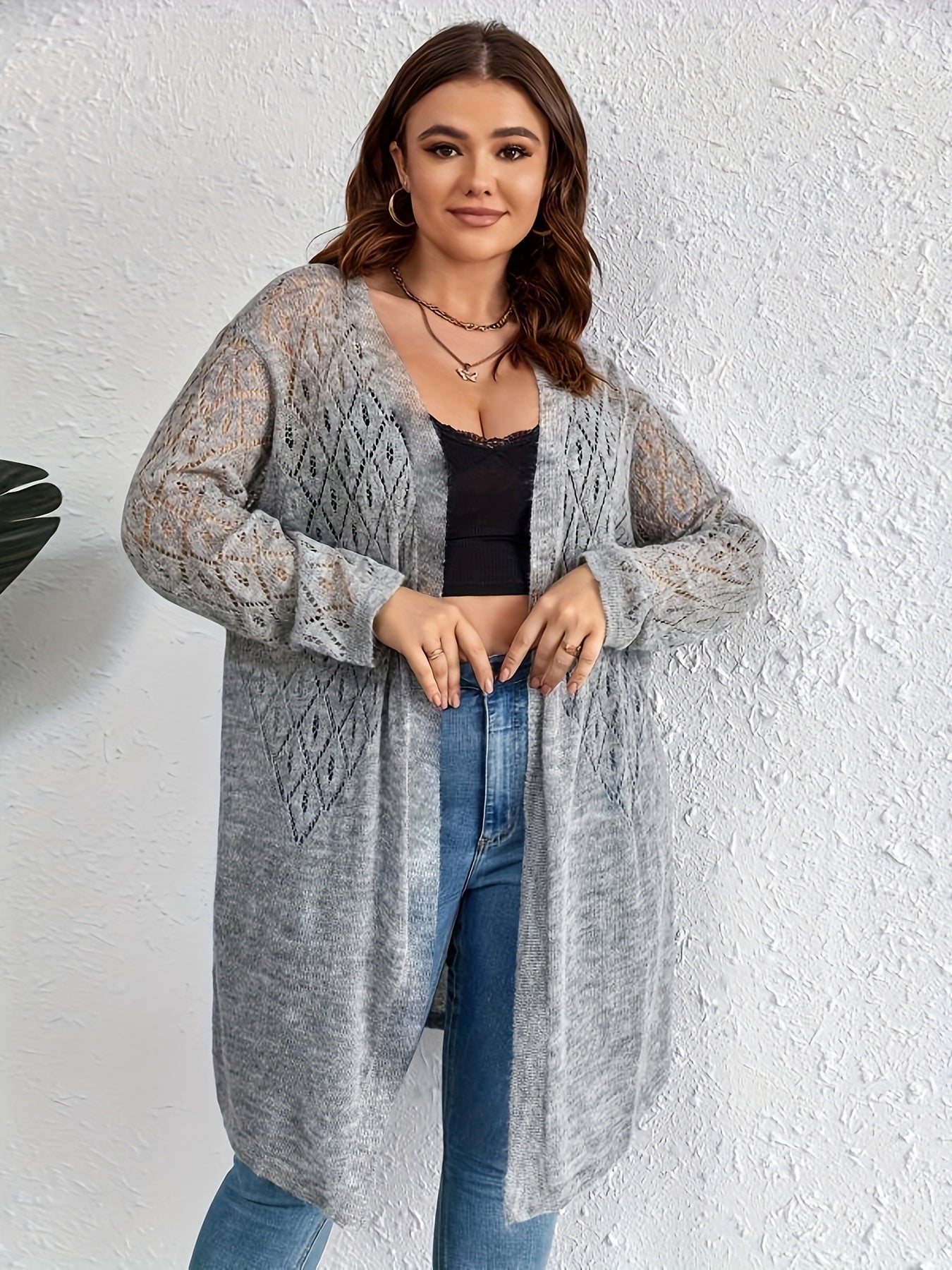 Solid Eyelet Embroidered Long Sleeve Sheer Cardigan