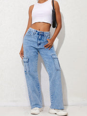 Flap Pockets Cargo Pants High Waist Straight Jeans