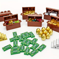 Treasure Chest Toy with Golden Coins, Bricks, Dollar Bills, Gemstones