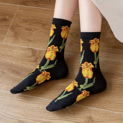 4 Pairs Rose Print Socks Soft & Mid Tube Socks Women's Stockings