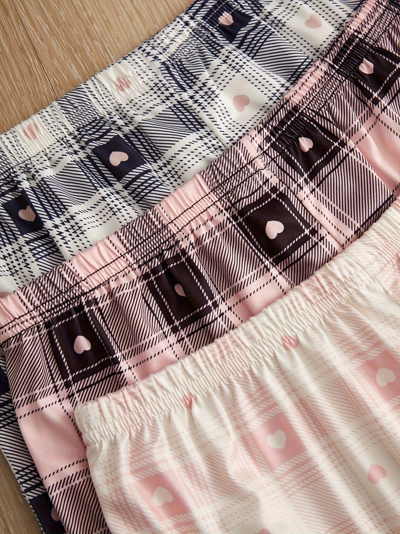 Heart Print Sleep Bottoms Plaid Elastic Waistband Shorts