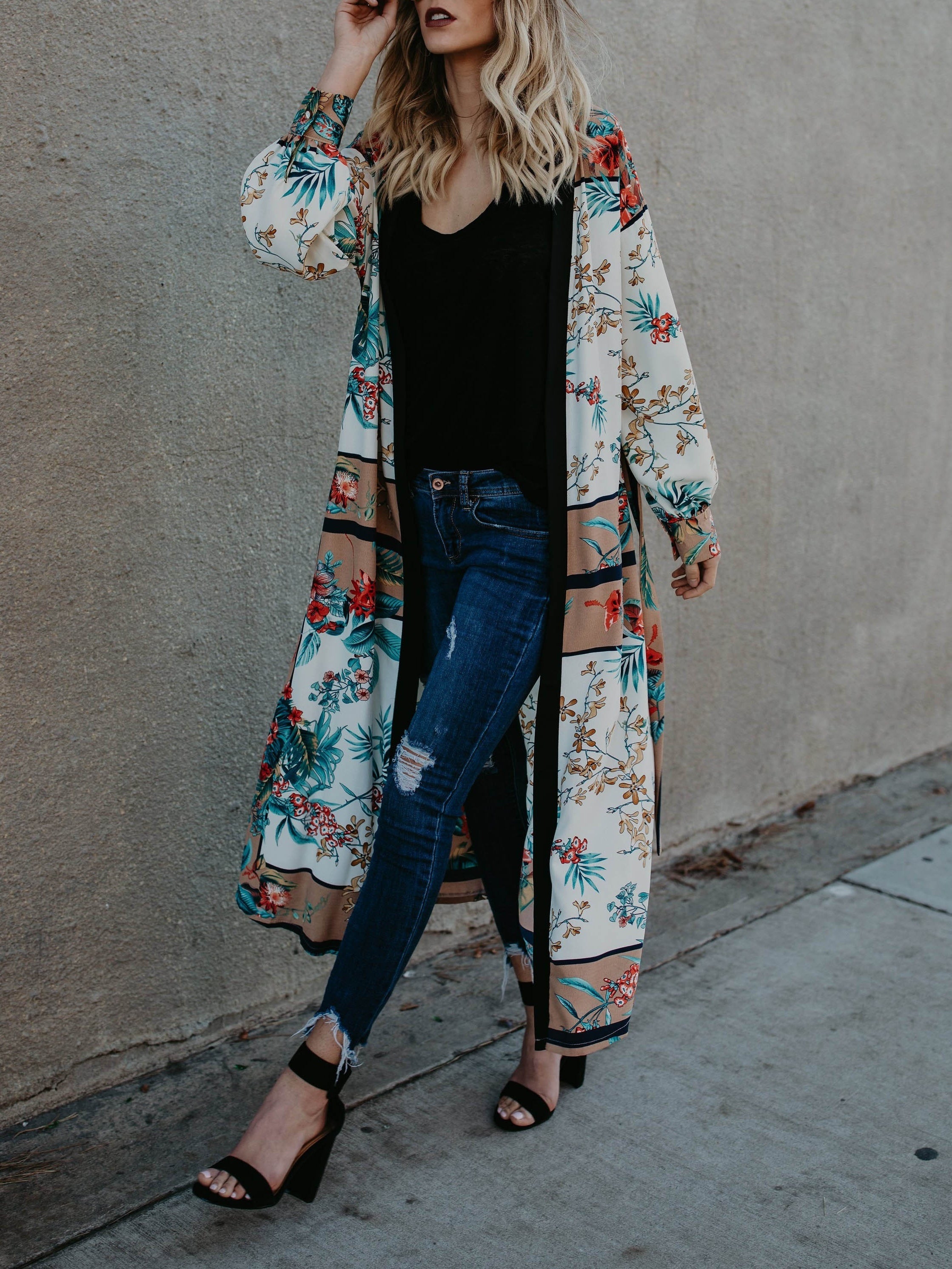 Floral Print Chiffon Long Sleeve Cover Up Beach Cardigan