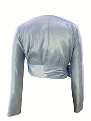 Satin Long Sleeve V Neck Tie Side Crop Wrap Blouse
