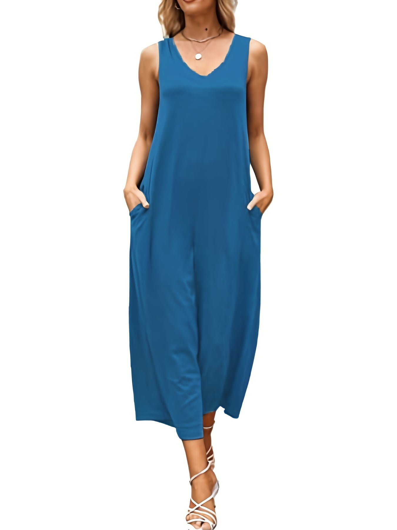 Solid V Neck Wide Leg Jumpsuit With Pockets