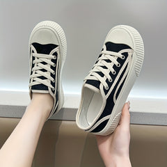 Women's Platform Canvas Shoes Round Toe Lace Up Low Top Sneakers