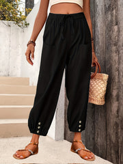 Minimalist Elastic Waist Cropped Pants Casual Solid Drawstring Pants Women