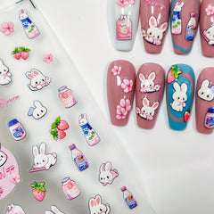 5D Embossed Rabbit Peach Nail Sticker Sakura Rabbit Bubble Water Nail Art