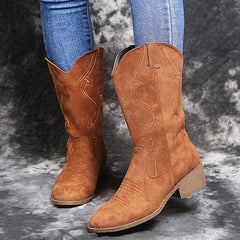 Embroidered Mid Calf Western Boots Block Heel Zipper Round Toe Shoes