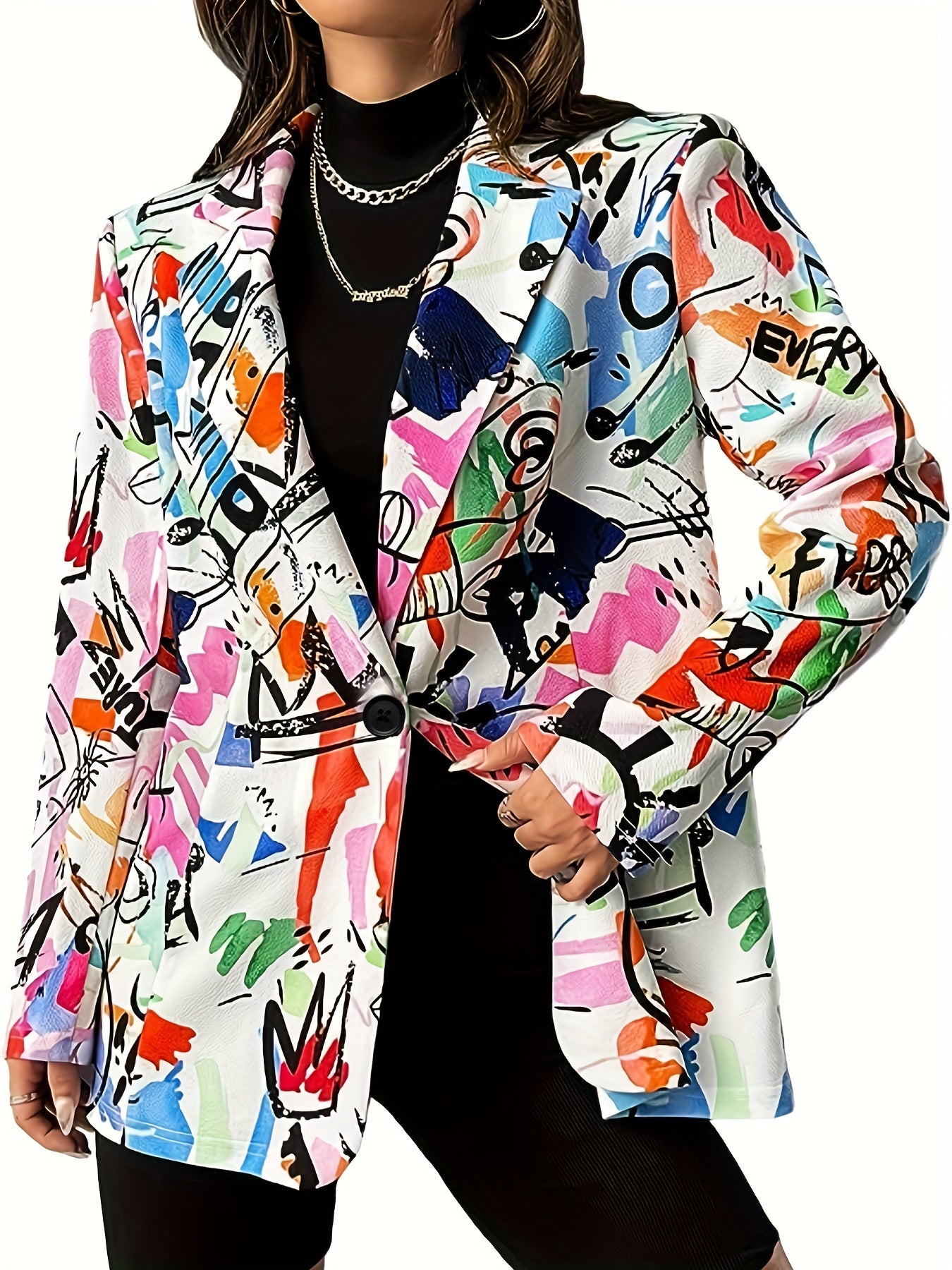 Graffiti Print Long Sleeve Button Blazer