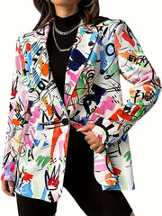 Graffiti Print Long Sleeve Button Blazer