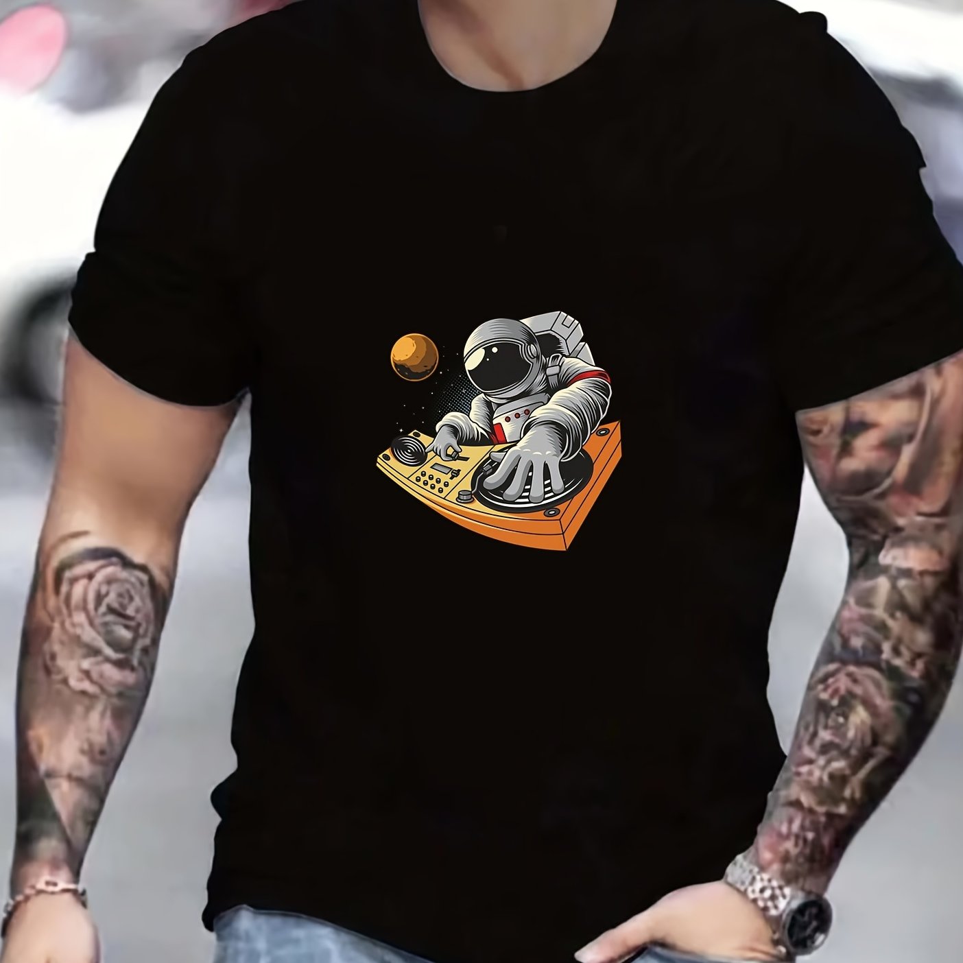 Anime DJ Astronaut Men's Graphic Crew Neck T-shirt