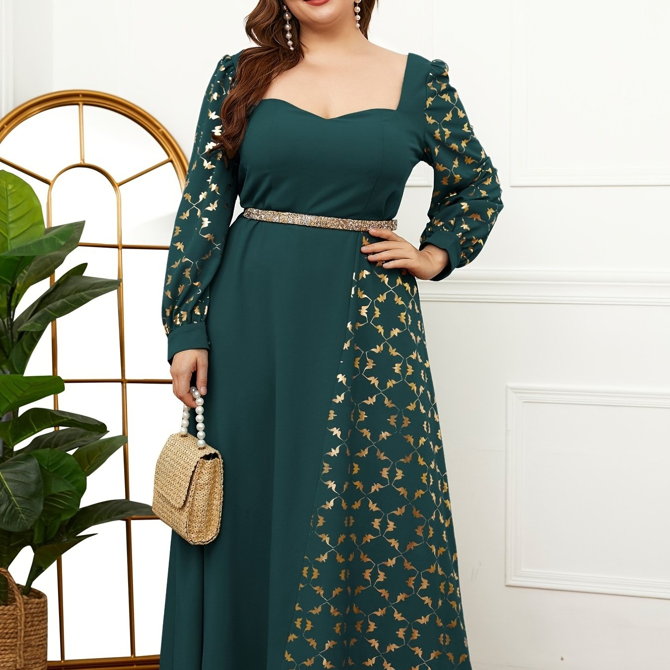 Abaya Dress Women Colorblock Floral Print Lantern Sleeve Maxi Dress