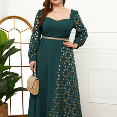 Abaya Dress Women Colorblock Floral Print Lantern Sleeve Maxi Dress