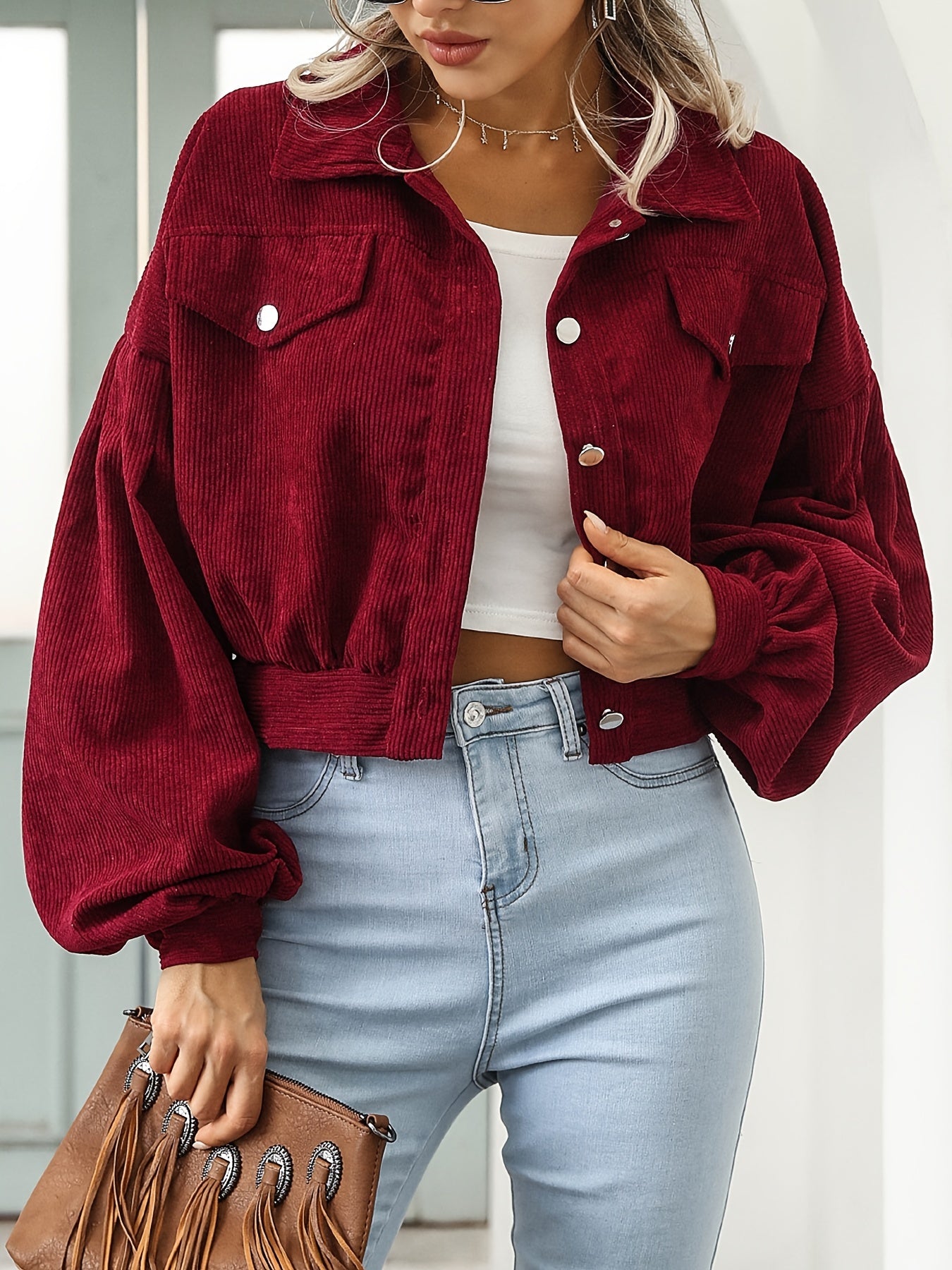 Casual Corduroy Crop Jacket Lantern Sleeve Loose Outerwear