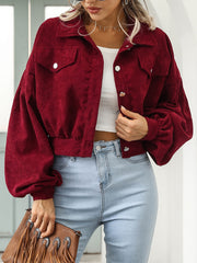 Casual Corduroy Crop Jacket Lantern Sleeve Loose Outerwear