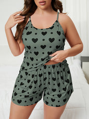 Heart & Polka Dot Print Round Neck Cami Top & Shorts Two Piece Set