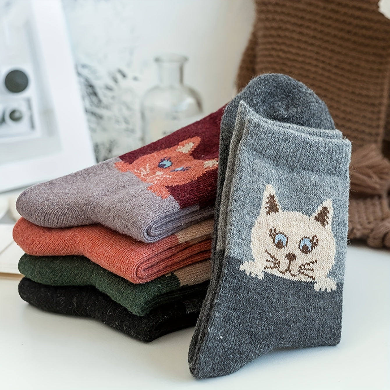 5 Pairs Cat Print Cartoon Socks Warm Mid Tube Women's Stockings