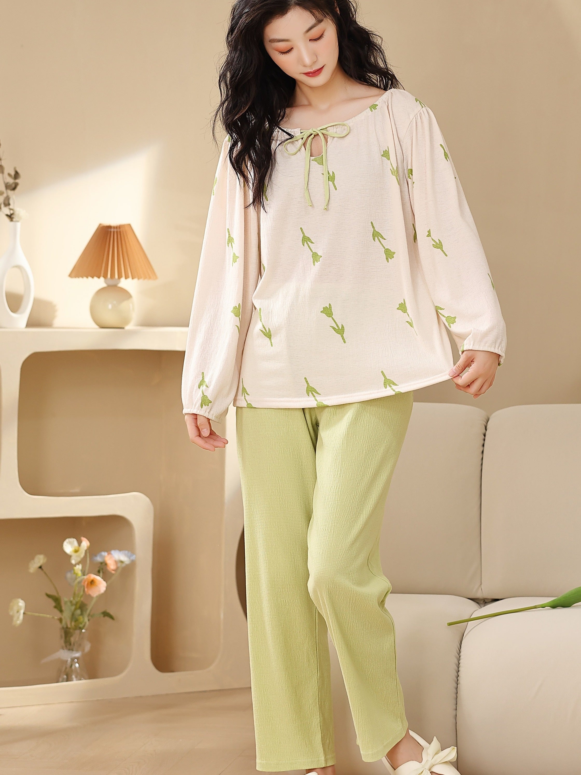 Floral Print Pajama Set Lace Up Top & Pants