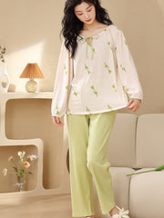 Floral Print Pajama Set Lace Up Top & Pants