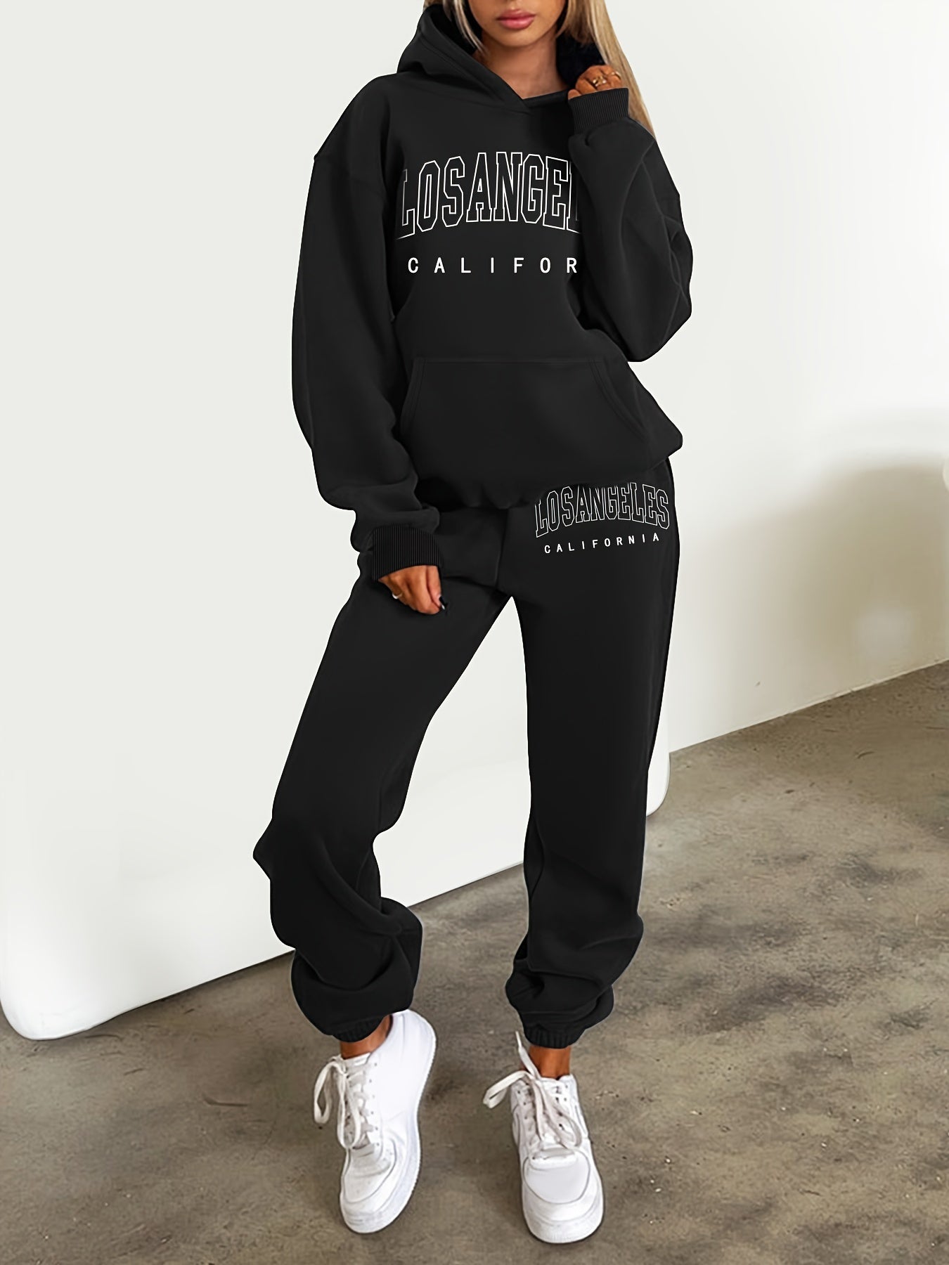 Women's Plus Size Sporty Outfit Set - Letter Print Hoodie & Joggers 2 Piece Set