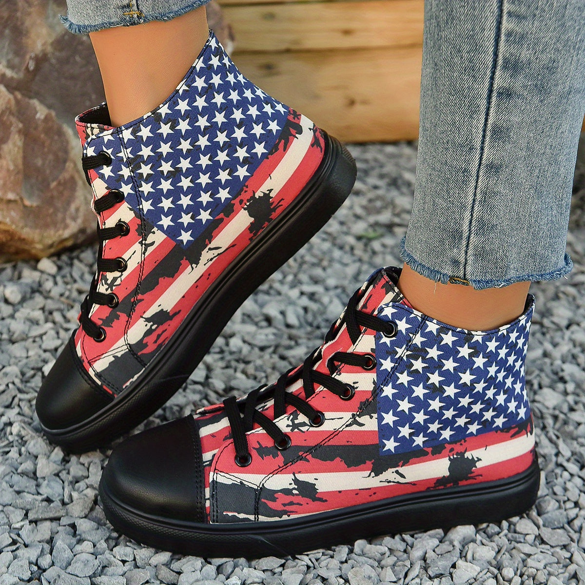 Women's Classic High Top Canvas Shoes Casual Star & Striped Pattern Sneakers