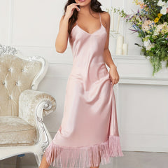 Satin Tassel Slip Nightdress V Neck Spaghetti Strap Sleep Dress