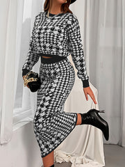 Houndstooth Pattern Knit 2pc Set Long Sleeve Sweater & Midi Skirt