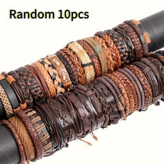 10pcs Vintage PU Leather Bracelets For Men Women