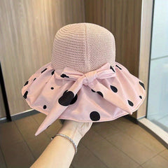 Polka Dot Print Bucket Hat Bow Decor Wide Brim Travel Beach Hats