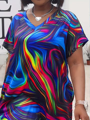 Women's Plus Painting Print V Neck Dress with Pockets