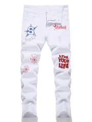 Boys Graffiti Letter Embroidered Slim Fit Jeans