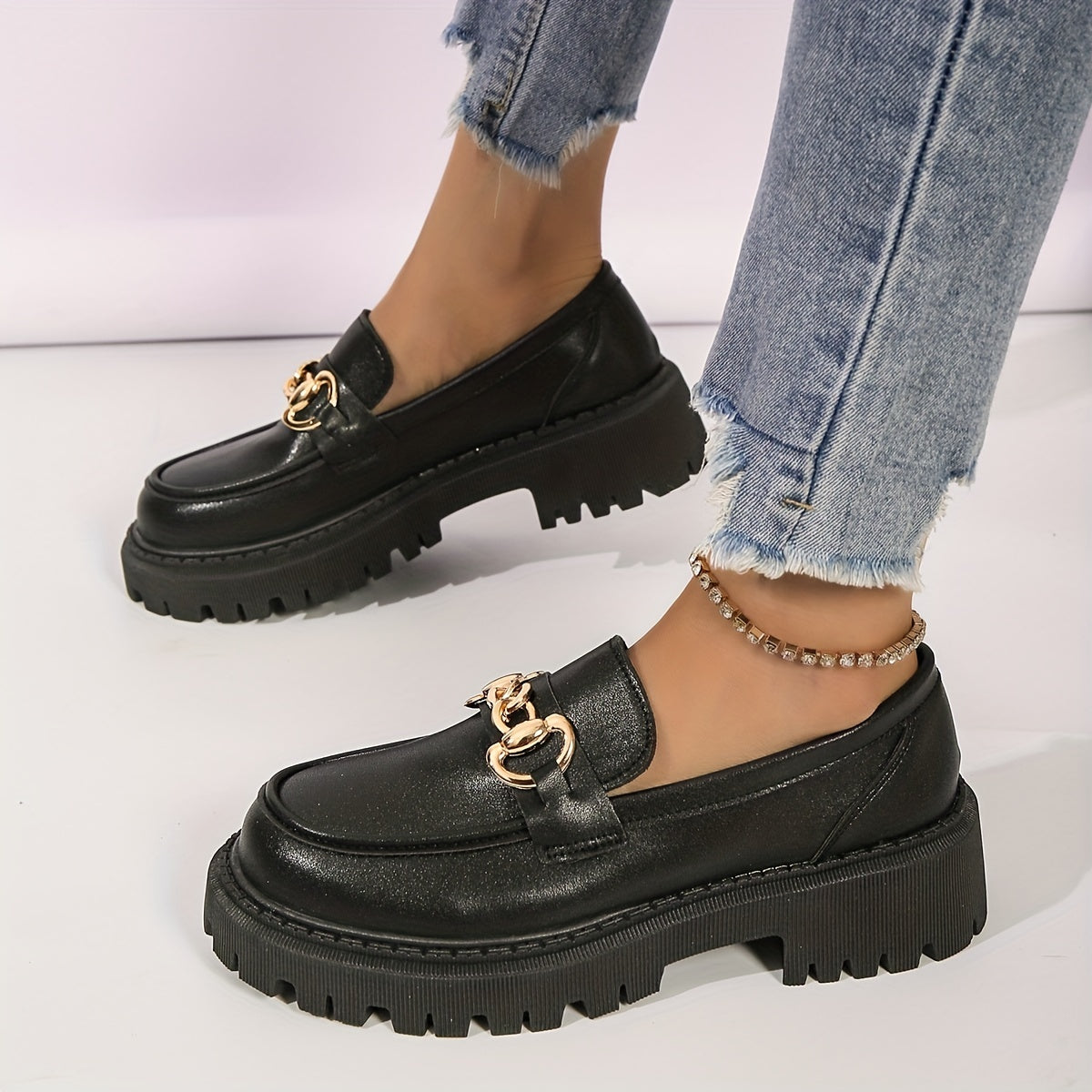Platform Loafers Metallic Buckle Chunky Heeled Shoes Slip On Shoes