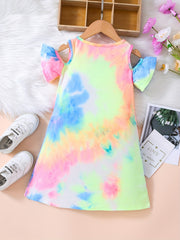 Girls Tie Dye Cold Shoulder Trumpet Sleeve T Shirt Dress