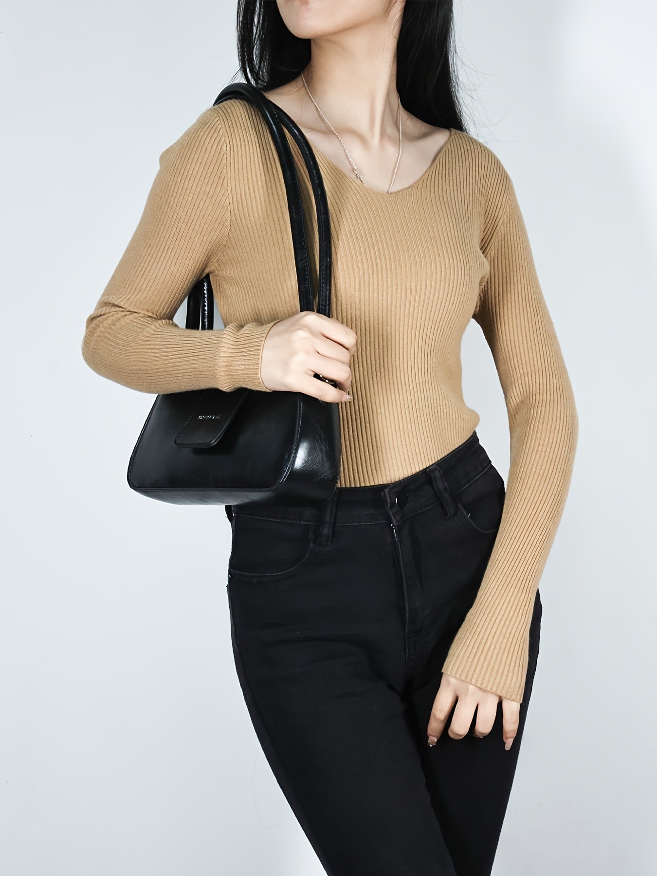 Solid V Neck Sweater Long Sleeve Casual Tops for Women