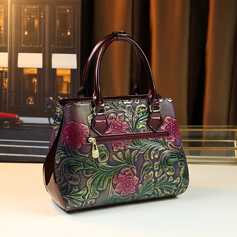 Vintage Floral Embossed Women's Handbag Purple & Green Crossbody Bag
