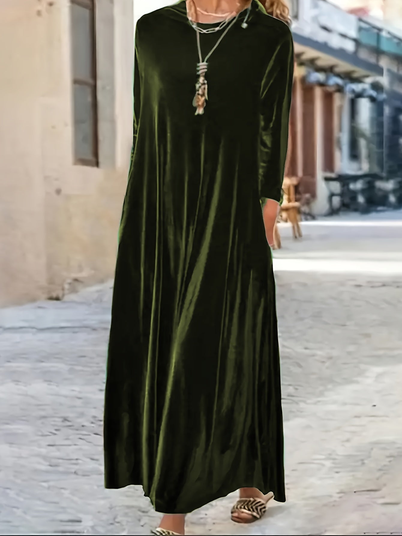 Solid Velvet Long Sleeve Maxi Dress With Pockets