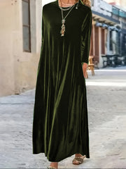 Solid Velvet Long Sleeve Maxi Dress With Pockets