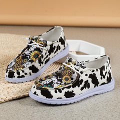 Women's Sunflower & Cow Print Canvas Slip On Shoes