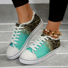 Leopard Print Canvas Shoes with Glitter Sequins Lace Up Lightweight Sneakers