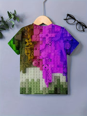 Colorful Building Block 3D Print Boys T-shirt Summer Sports Round Neck Top