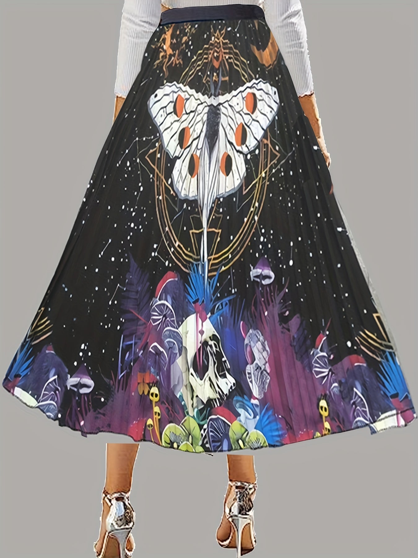 Butterfly Print Pleated Skirt Elastic Waist Swing Skirt