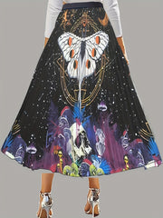 Butterfly Print Pleated Skirt Elastic Waist Swing Skirt